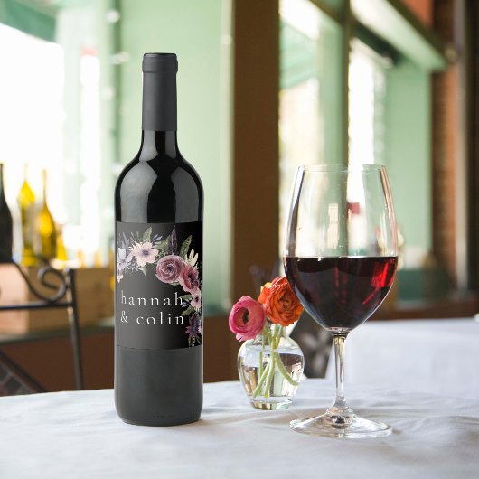 Elegant Dark Floral Cascade Black Burgundy Wijn Etiket