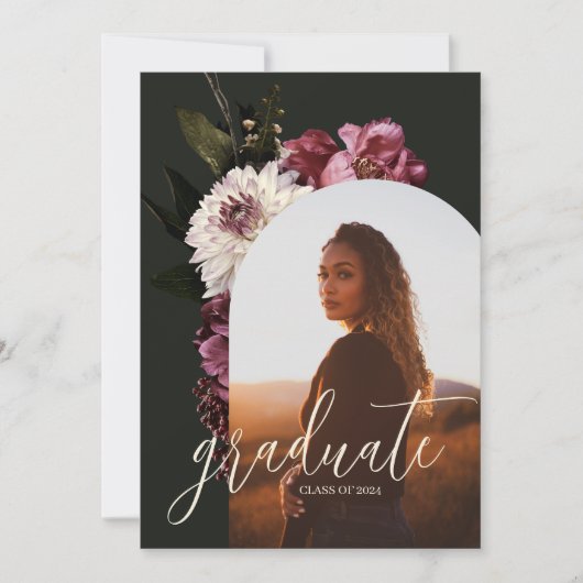 Elegant Dark Floral Foto Afstuderen Aankondiging (Voorkant)