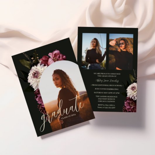 Elegant Dark Floral Foto Afstuderen Aankondiging