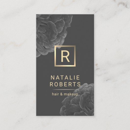 Elegant Dark Floral Gold Monogram Logo Hair Makeup Visitekaartje (Voorkant)