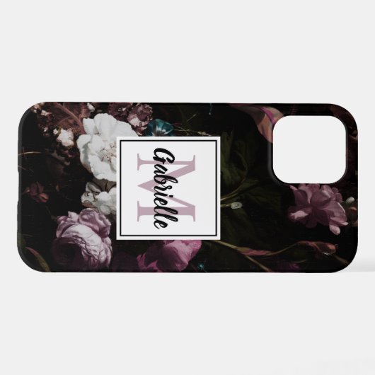 Elegant Dark Floral Monogram Script Name iPhone Hoesje (Achterkant horizontaal)
