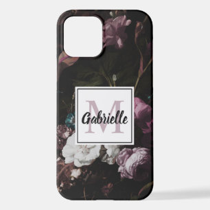 Elegant Dark Floral Monogram Script Name iPhone 12 Hoesje