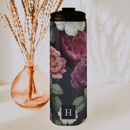 Elegant Dark Floral op zwart | Monogram Tumbler Thermosbeker