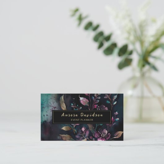 Elegant Dark Floral op zwart Visitekaartje (Staand voorkant)