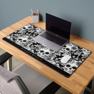 Elegant Dark Floral Skulls op Black Personalized Bureaumat