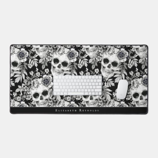 Elegant Dark Floral Skulls op Black Personalized Bureaumat (Keyboard & Muis)