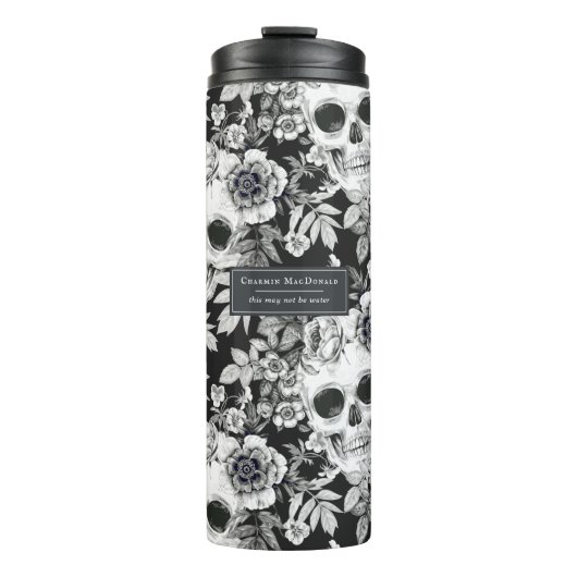 Elegant Dark Floral Skulls op Black Personalized Thermosbeker (Voorkant)
