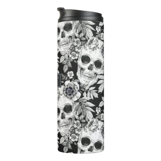Elegant Dark Floral Skulls op Black Personalized Thermosbeker (Geroteerd rechts)
