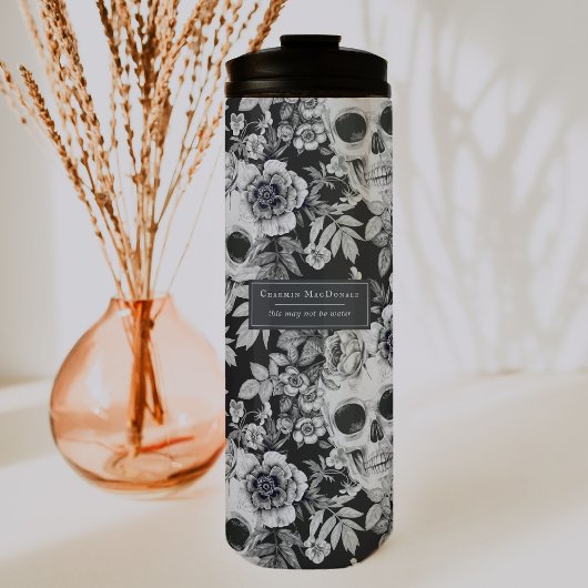 Elegant Dark Floral Skulls op Black Personalized Thermosbeker