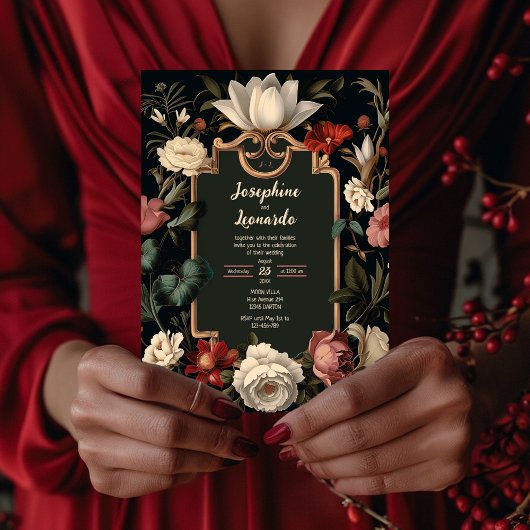 Elegant Dark Floral Vintage Wedding Invitation Kaart