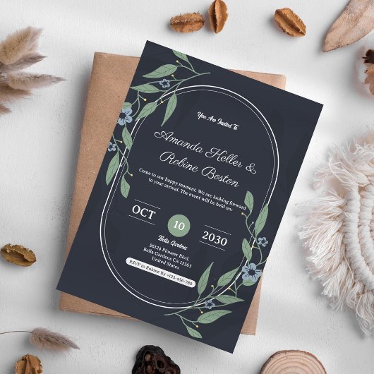 Elegant Dark Floral Wedding Invitation Kaart