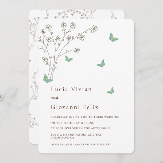 Elegant Dark Gold Butterfly bruiloft Kaart (Voorkant / Achterkant)