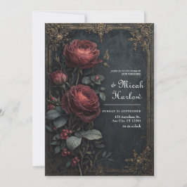 Elegant Dark Gothic Burgundy Rose Floral Wedding Kaart