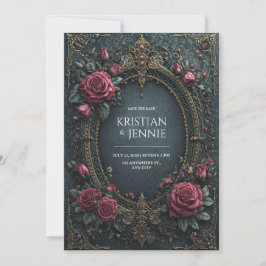 Elegant Dark Gothic Burgundy Rose Oval Wedding Kaart