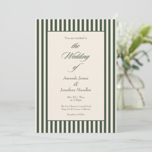 Elegant Dark Green Cream Vertical Stripes Wedding Kaart (Staand voorkant)