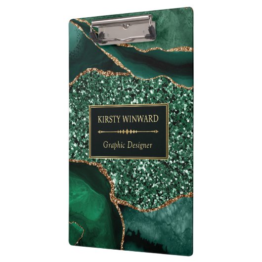 Elegant Dark Green en Gold Glitter Ocean Agate Klembord (Links)