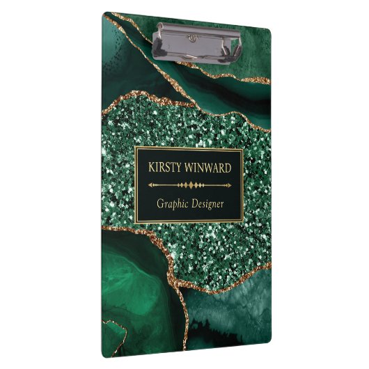 Elegant Dark Green en Gold Glitter Ocean Agate Klembord (Rechts)