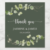 Elegant Dark Green Eucalyptus Wedding Thank You Wijn Etiket (Enkel label)