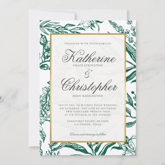 Elegant Dark Green Gold Botanical foto Weddenschap Kaart (Voorkant)