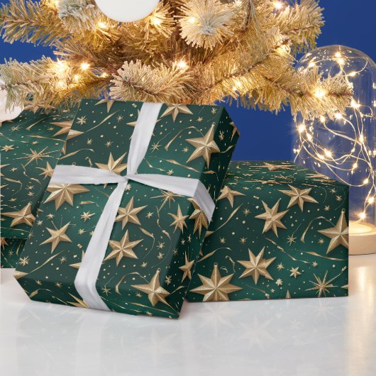 Elegant Dark Green & Gold Star Wrapping Paper Cadeaupapier (Feestdagen)