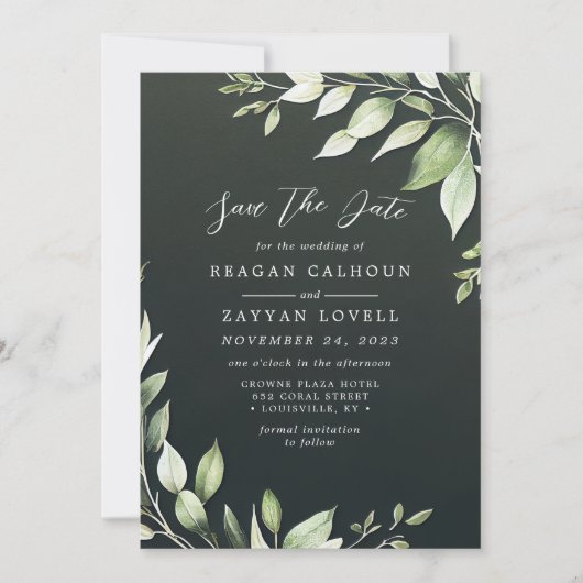 Elegant Dark Green Greenery laat de datum op Kaart (Voorkant)