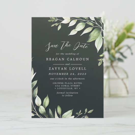 Elegant Dark Green Greenery laat de datum op Kaart (Staand voorkant)