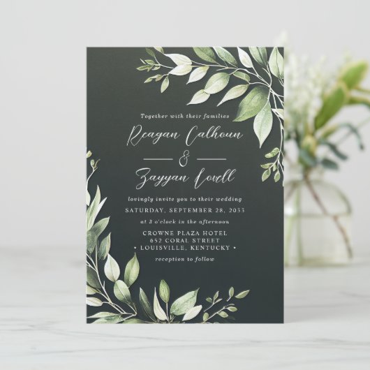 Elegant Dark Green Greenery laat het script bruilo Kaart (Staand voorkant)