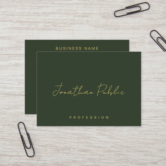 Elegant Dark Green Hand Script Gold Text Trendy Visitekaartje (Voorkant / Achterkant in situ)