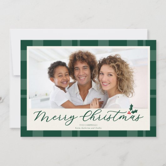 Elegant Dark Green Plaid Merry Christmas Photo Feestdagenkaart (Voorkant)