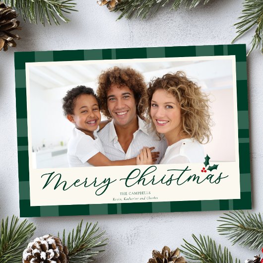 Elegant Dark Green Plaid Merry Christmas Photo Feestdagenkaart