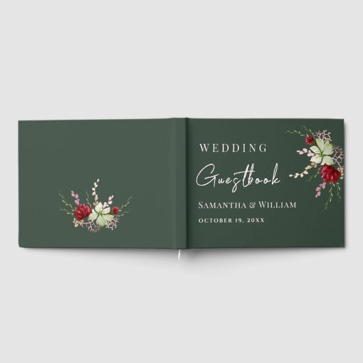 Elegant Dark Green Rustic Boho Wildflower Wedding Gastenboek (Volledig)