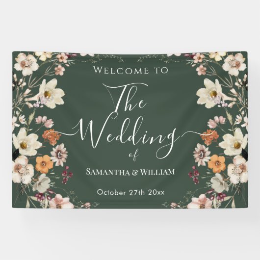 Elegant Dark Green Rustic Wildflower Boho Wedding Spandoek (Horizontaal)