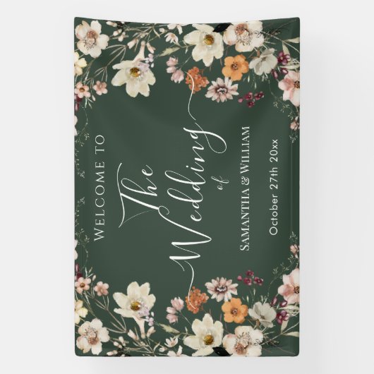 Elegant Dark Green Rustic Wildflower Boho Wedding Spandoek (Verticaal)
