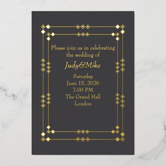 Elegant Dark Grey& Gold Art Deco Foil Invitation Folie Uitnodiging (Voorkant)