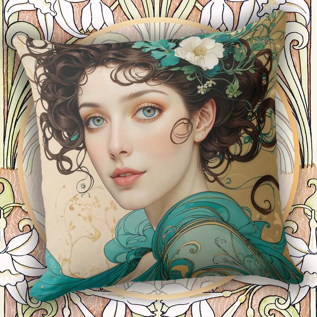 Elegant Dark Haired Art Nouveau Woman Kussen (Creator heeft geüpload)