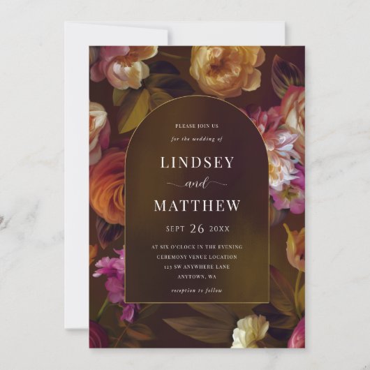 Elegant Dark Herfst Floral Gold Arch Wedding Kaart (Voorkant)