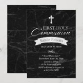 Elegant Dark Marble First Heilige Communie Kaart (Voorkant / Achterkant)