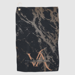 Elegant Dark Marble Roos Gold Monogram Aangepast Golfhanddoek