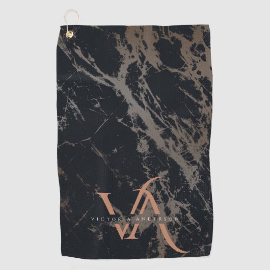 Elegant Dark Marble Roos Gold Monogram Aangepast Golfhanddoek (Voorkant)