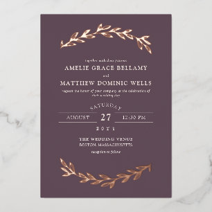 Elegant Dark Mauve & Roos Gold Greenery Wedding Folie Uitnodiging