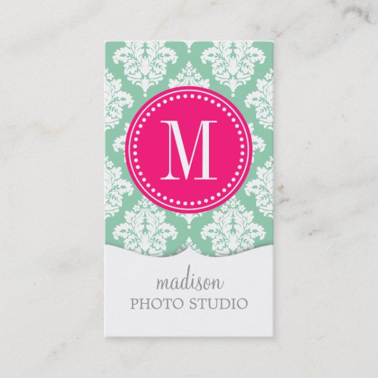 Elegant Dark Mint Damask gepersonaliseerd Visitekaartje (Voorkant)