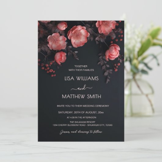 Elegant Dark Moody 3D Roses Wedding Kaart (Staand voorkant)