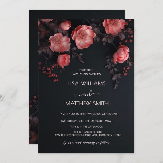 Elegant Dark Moody 3D Roses Wedding Kaart (Voorkant / Achterkant)