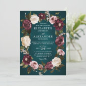 Elegant Dark Moody Bloemen Blauwgroen Bruiloft Kaart (Staand voorkant)