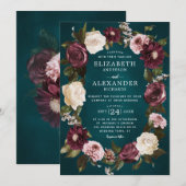 Elegant Dark Moody Bloemen Blauwgroen Bruiloft Kaart (Voorkant / Achterkant)
