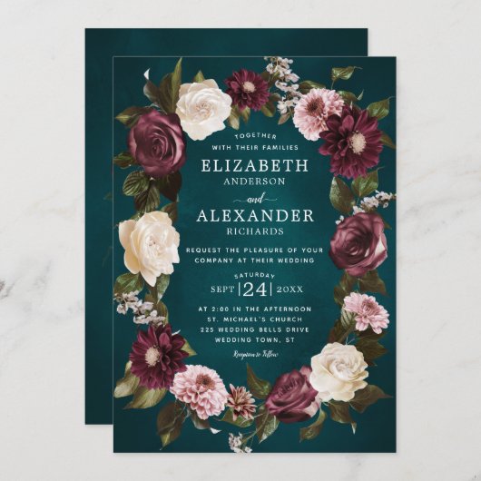 Elegant Dark Moody Bloemen Blauwgroen Bruiloft Kaart (Voorkant / Achterkant)