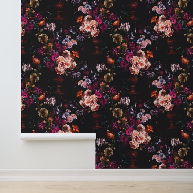 Elegant  Dark Moody Bourgondië Floral Behang (Applicatie)