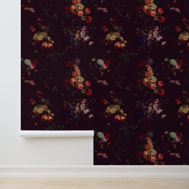 Elegant  Dark Moody Bourgondië Floral Behang (Applicatie)