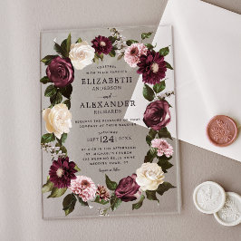 Elegant Dark Moody Floral Burgundy Wedding Acryl Uitnodigingen