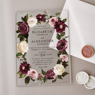 Elegant Dark Moody Floral Burgundy Wedding Acryl Uitnodigingen